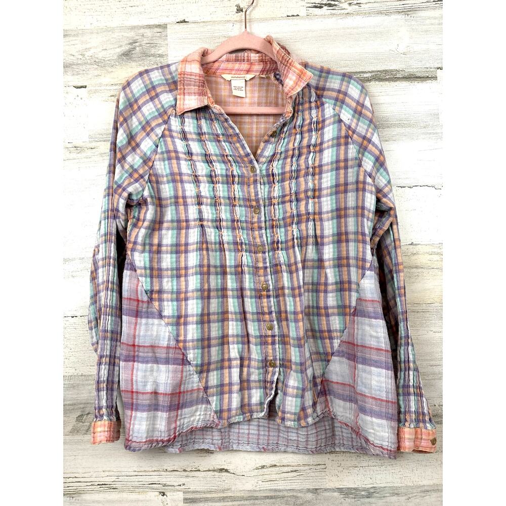 Sundance Womens M Multi Pastel Cotton Patchwork Plaid Button Up Shirt Boho